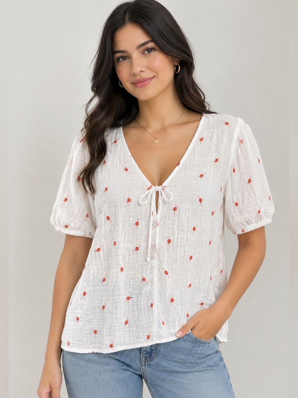 CeCe White V-Neck Tie-Front Puff Sleeve Blouse with Orange Floral Embroidery